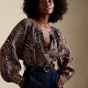 Banana Republic Women’s 100% Linen Zebra Boxy Button-Down Top Balloon Sleeves- S